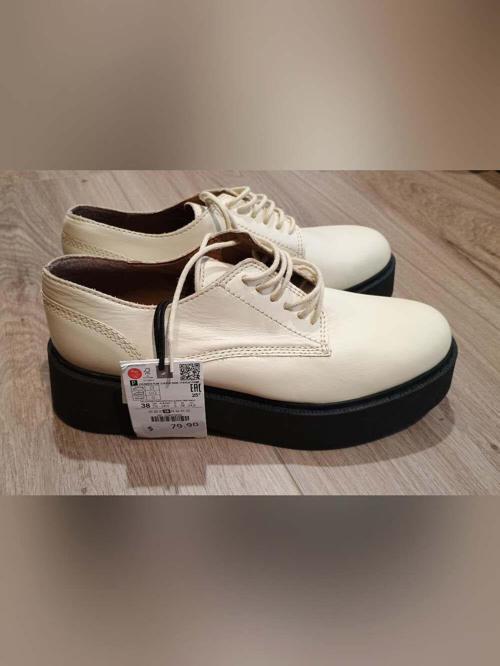 NWT Zara Leather Lace-up Derby Oxford Shoes Off White Size 7.5 Chunky Sole